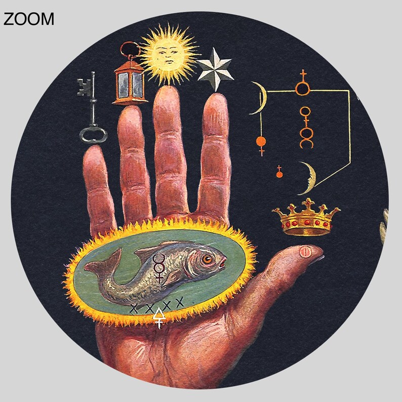 May include: A hand with a fish and symbols on the palm. The symbols include a sun, a star, a key, a lantern, a crown, and a crescent moon. The background is black.