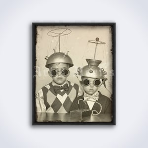 Niños raros con dispositivos que leen la mente: steampunk, retrofuturismo, impresión fotográfica de ciencia ficción, póster (DESCARGA DIGITAL)