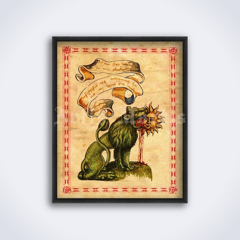 Peut inclure: Une illustration vintage d'un lion vert d&eacute;vorant un soleil avec un visage humain. Le lion est repr&eacute;sent&eacute; sur un fond de parchemin avec des accents rouges et dor&eacute;s. L'image comprend du texte dans une vieille &eacute;criture.