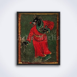 Tibetan Black Demon, Buddhism demonology art, evil spirit, animal style, Buddhist decor, vintage painting, print, poster (DIGITAL DOWNLOAD)
