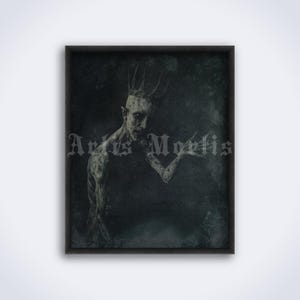 May include: A black and white digital art print of a creature with a crown, a dark background, and the text "Artes Mortis".