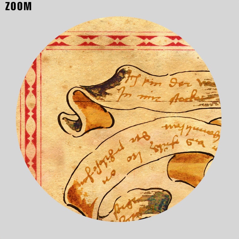Peut inclure: Gros plan sur un papier d'aspect parchemin vintage avec du texte manuscrit et un rouleau brun enroul&eacute;. Le papier a une bordure rouge et blanche.