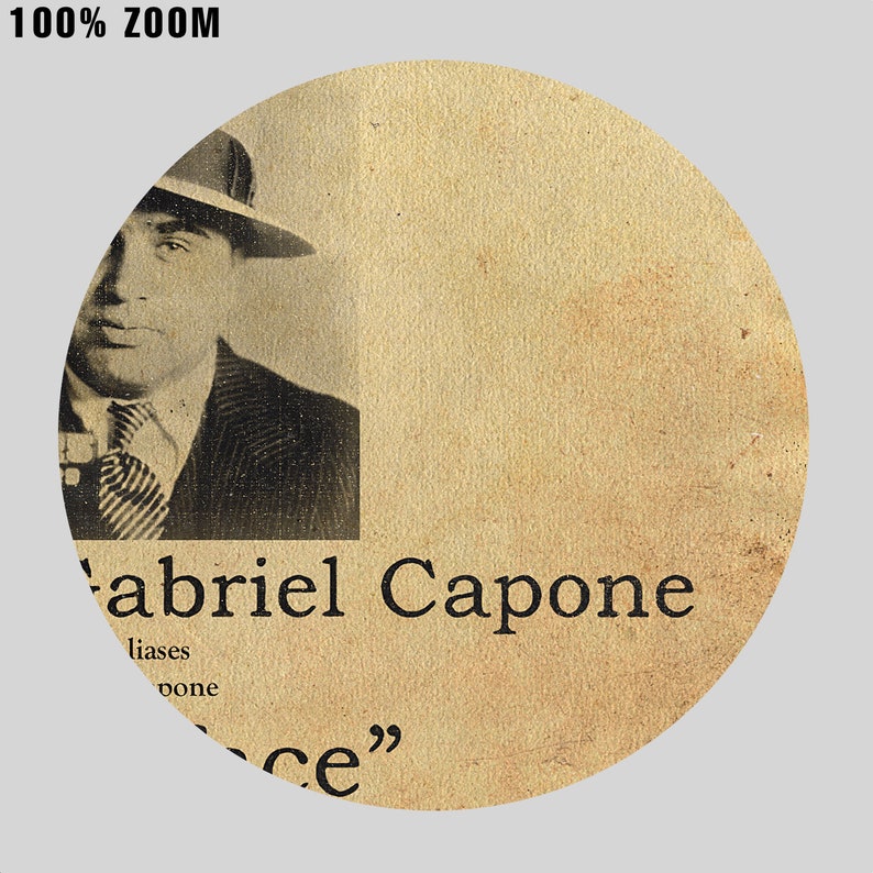 May include: A vintage-style image of a man in a suit and hat with the text "Gabriel Capone" and "aliases" and "none" below. The image has a faded, aged look.