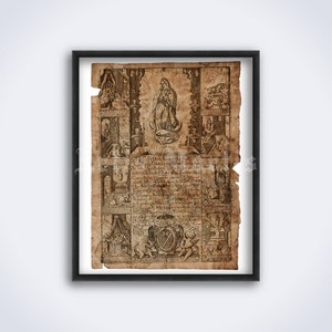 May include: A framed vintage print with a religious theme. The print features a central image of the Virgin Mary, surrounded by smaller images of saints and biblical scenes. The print is in black and white and has a distressed, aged look.