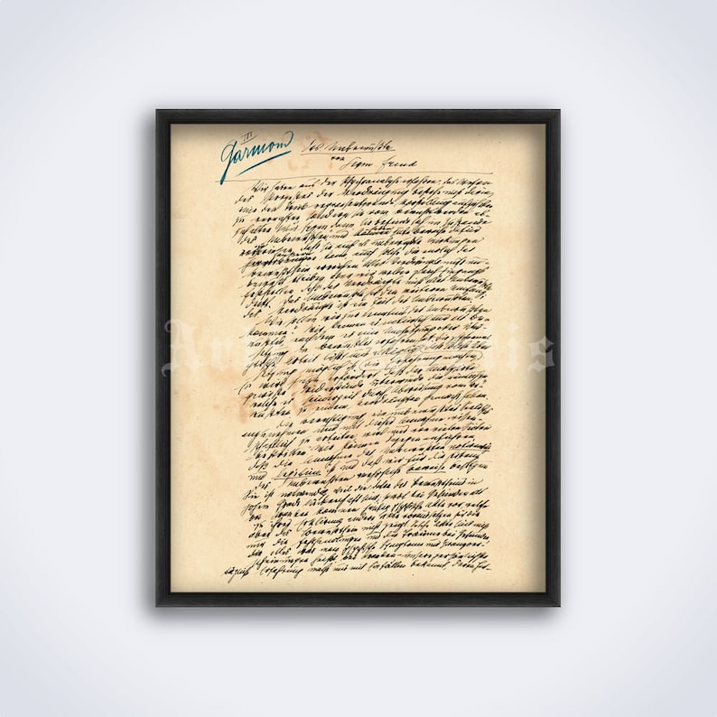 May include: A vintage framed document with handwritten text in black ink on aged paper. The text reads "Der Harmonist" and "Der Freundschaft" with a date of 1847. The paper is yellowed and has a few brown stains.