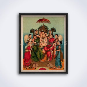 Ganesha with wives - Hindu elephant-god, Hinduism art, Ganapati, Shiva, Tantra, Indian decor, vintage print, poster (DIGITAL DOWNLOAD)