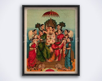 Ganesha with wives - Hindu elephant-god, Hinduism art, Ganapati, Shiva, Tantra, Indian decor, vintage print, poster (DIGITAL DOWNLOAD)