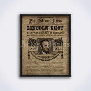 Abraham Lincoln shot newspaper cover, obituary, historical print, poster (DIGITAL DOWNLOAD)