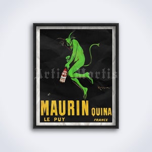 Könnte beinhalten: Vintage-Poster für den französischen Aperitif Maurin Quina. Das Poster zeigt einen grünen Teufel, der eine Flasche des Getränks vor einem schwarzen Hintergrund hält, mit dem Text "Maurin Quina Le Puy France" in Gold.