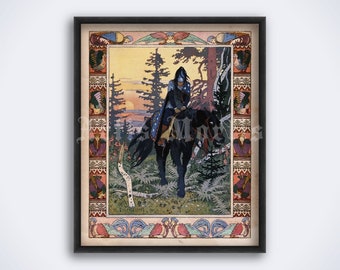 Black Horseman – Slavic folk tales illustration - Ivan Bilibin art, print, poster (DIGITAL DOWNLOAD)