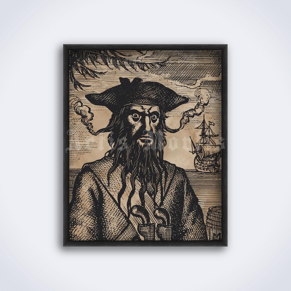 黒ひげ海賊の肖像画プリント：カリブ海の航海アート（デジタル