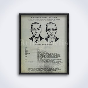D.B. Cooper FBI Wanted poster, 1971 plane hijacking, aircraft piracy, unsolved true crime, criminal history art, print (DIGITAL DOWNLOAD)