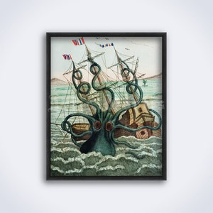Kraken colorised engraving print, giant octopus, sea monster, vintage fantasy art, mysterious creature, cryptid, poster (DIGITAL DOWNLOAD)