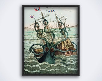 Kraken colorised engraving print, giant octopus, sea monster, vintage fantasy art, mysterious creature, cryptid, poster (DIGITAL DOWNLOAD)