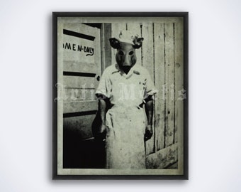 Weird butcher in a pig head mask vintage photo, strange, creepy print, poster (DIGITAL DOWNLOAD)