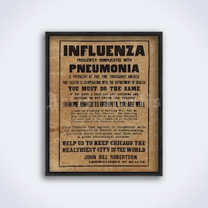 Influenza, Pneumonia - vintage medical broadside, medicine history, epidemic, pandemic sign, health care poster, print (DIGITAL DOWNLOAD)