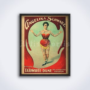 Tattooed woman Angelika Schwarz – vintage freak show poster, circus art, tattoo, sideshow, oddities and curiosities print (DIGITAL DOWNLOAD)