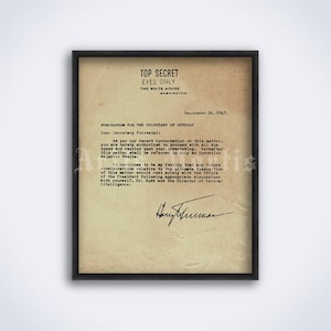 May include: A black and white image of a document labeled "TOP SECRET EYES ONLY THE WHITE HOUSE WASHINGTON" with the text "MEMORANDUM FOR THE SECRETARY OF DEFENSE" and a handwritten signature at the bottom. The document is dated September 24, 1947.
