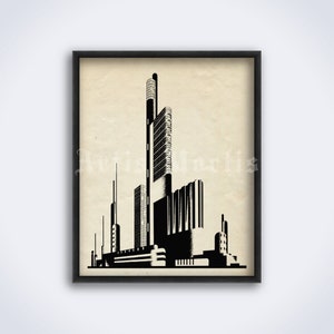 Könnte beinhalten: Schwarzweiß-Illustration einer Skyline mit hohen Gebäuden. Die Gebäude sind in einem einfachen, geometrischen Stil gezeichnet.