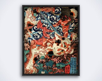 Samurai vs Gato Monstro - Xilogravura Japonesa Ukiyo-e (Download Digital)