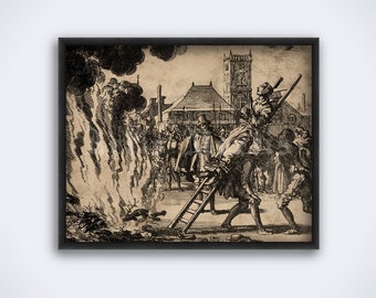 Peut inclure: Une gravure en noir et blanc représentant une scène d'exécution publique par le feu. Une personne est maintenue sur une échelle par deux autres personnes, tandis qu'une foule regarde depuis l'arrière-plan. La scène se déroule sur une place publique avec des bâtiments et une église au loin.