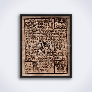 Op de afbeelding: Een vintage, ingelijste print van een Tibetaanse boeddhistische gebedsschrift. De schrift is geschreven in zwarte inkt op een bruine achtergrond en bevat afbeeldingen van dieren en mythische wezens. De tekst bevat de zinnen "ཨུཨོཾཝགིཤརཱི" en "শুধন্দু।।".