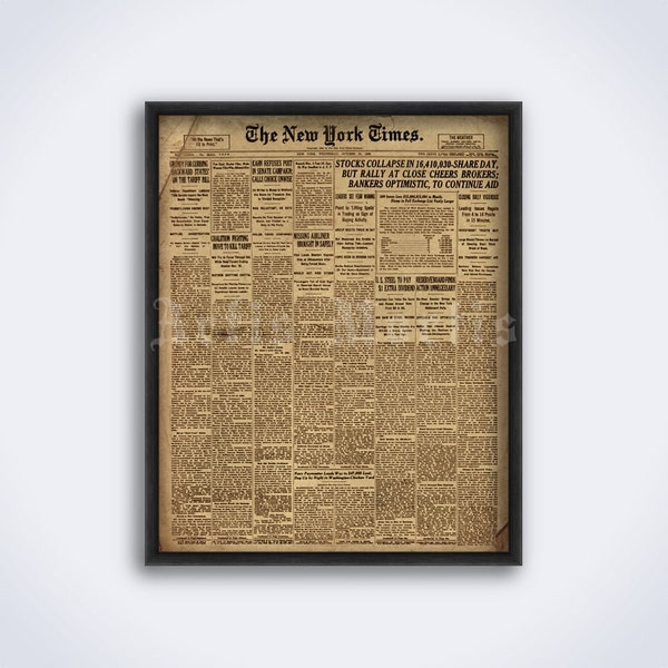 Black Tuesday 1929 newspaper headline, Great Depression, stock market crash, economic history, vintage print, poster (DIGITAL DOWNLOAD)