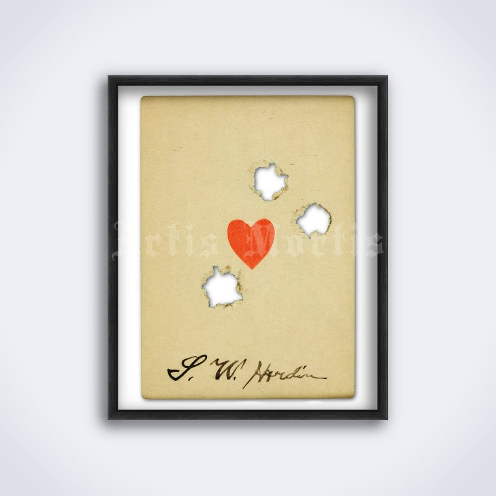 John Wesley Hardin autographed playing card with bullet holes – Old West outlaw, gunfighter, crime art, print, poster (DIGITAL DOWNLOAD)