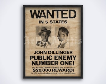 John Dillinger - Public Enemy, gangster, bank robber Wanted poster, true crime print (DIGITAL DOWNLOAD)