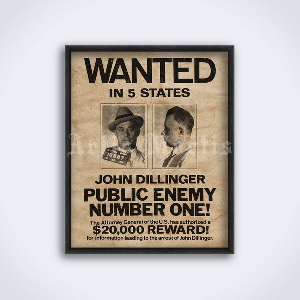 John Dillinger - Public Enemy, gangster, bank robber Wanted poster, true crime print (DIGITAL DOWNLOAD)