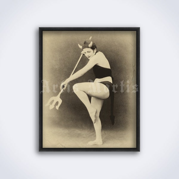 Sexy dancer in the devil costume with trident, retro girl photo, Halloween decor, vintage kinky art print, pin-up poster (DIGITAL DOWNLOAD)