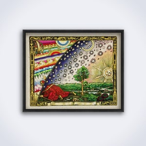 Flammarion gekleurde gravure – middeleeuwse platte aarde kaart, oude kosmogonie print, poster (DIGITALE DOWNLOAD)
