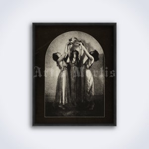 May include: Three women in long dresses stand in an arched doorway, reaching up to hold a wreath of leaves above their heads. The image is in black and white and has a vintage feel.