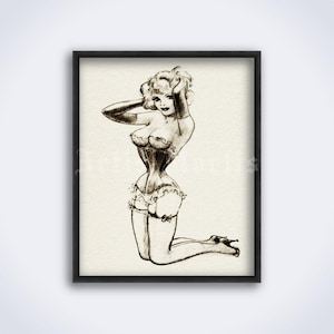 Kneeling girl, submissive, vintage fetish art, retro pin-up, bizarre, kinky decor print, poster (DIGITAL DOWNLOAD)