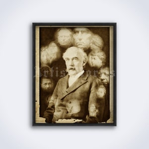 May include: A black and white vintage photograph of a man with a beard, wearing a suit jacket, with multiple ghostly images of faces behind him.