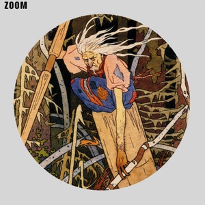 May include: A watercolor illustration of a white-haired man with a long beard, wearing a blue and red patterned shirt, holding a wooden staff and standing on a log in a forest setting.