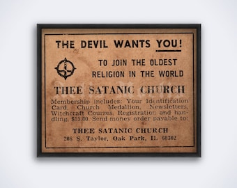 The Devil Wants You – Thee Satanic Church vintage ad print, poster (DIGITAL DOWNLOAD)