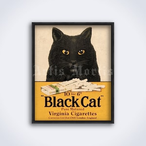Puede incluir: Anuncio vintage para cigarrillos "Black Cat" con un gato negro de ojos amarillos y un paquete de cigarrillos. El texto dice "10 for 6d Pure Matured Virginia Cigarettes Carreras Ltd (Est 1788) London England."