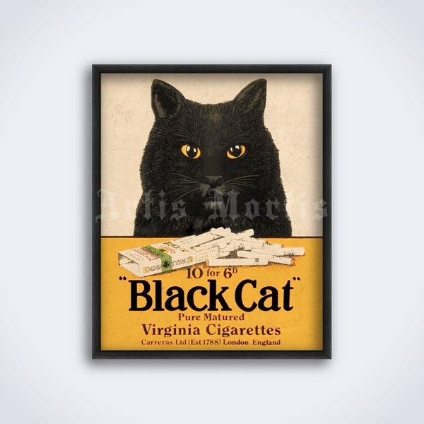 Black Cat cigarettes vintage poster, cigarette decor, smoker gift, smoking, retro ad print, humor, pet art (DIGITAL DOWNLOAD)