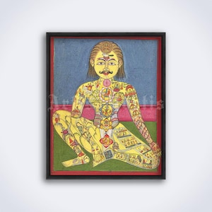 May include: A framed, colorful illustration of a seated figure with detailed body art. The artwork features a yellow-toned figure with intricate designs on the body, set against a blue and green background. The frame is black with a red border.