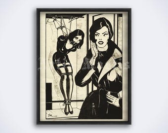 Mistress and punished girl, vintage fetish art, domination, bondage illustration, kinky retro decor, print, poster (DIGITAL DOWNLOAD)