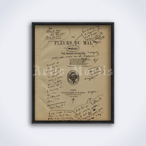 Fleurs du Mal de Charles Baudelaire page de titre et notes manuscrites - impression de poésie gothique, affiche (TÉLÉCHARGEMENT NUMÉRIQUE)