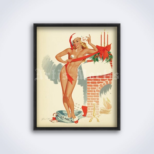 Sexy Santa Girl – Vintage 1950s Pin-Up art, present, Merry Christmas, New Year, winter pinup print, retro mature poster (DIGITAL DOWNLOAD)