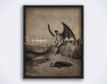 Lucifer and snake illustration for Paradise Lost poem, art by Gustave Dore, vintage print, poster (DIGITAL DOWNLOAD)