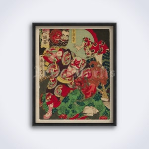 Japanese warrior Asahina Yoshihide fighting with demons - vintage woodblock print, folk tale art, Japan, Ukiyo-e poster (DIGITAL DOWNLOAD)