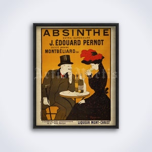 Puede incluir: Póster vintage enmarcado de Absenta. La imagen muestra a una pareja en una mesa, con botellas y vasos. El póster tiene texto en la parte superior e inferior, con las palabras "ABSINTHE" y "LIQUEUR MONT-CHRIST" visibles. La paleta de colores es principalmente amarilla, negra y roja.