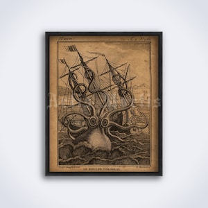 Kraken, giant octopus, sea monster, vintage fantasy art, mysterious creature, cryptozoology, cryptid print, poster (DIGITAL DOWNLOAD)