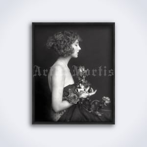 Lady with faded flowers, retro gothic woman, Ziegfeld girl vintage black and white art photo, print, poster (DIGITAL DOWNLOAD)