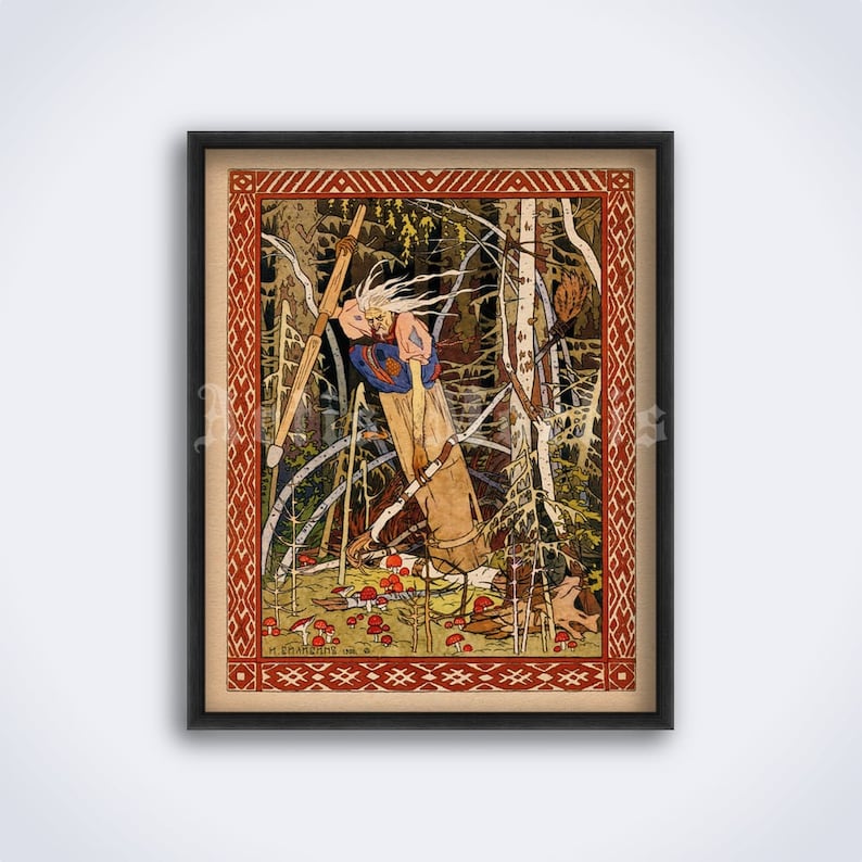 May include: A vintage illustration of a woman with long white hair holding a staff in a forest setting. The woman is wearing a blue and red dress and is surrounded by trees and mushrooms. The illustration is framed in a black frame with a red and white border.