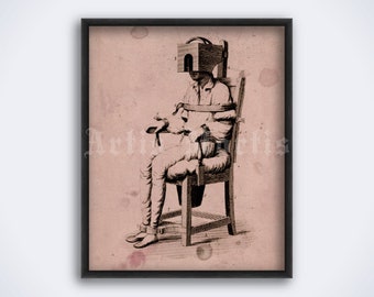 Psychiatric tranquilizing chair in mental hospital - psychiatry history, insanity, clinic, vintage medical print, poster (DIGITAL DOWNLOAD)